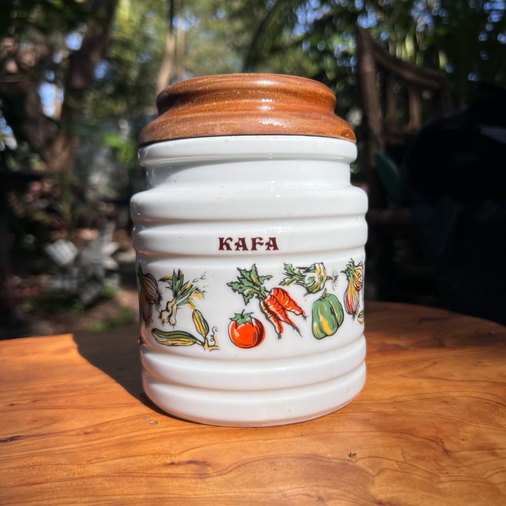 Vintage Milk Glass? Jar “Kava” with Wooden Lid; no rubber seal